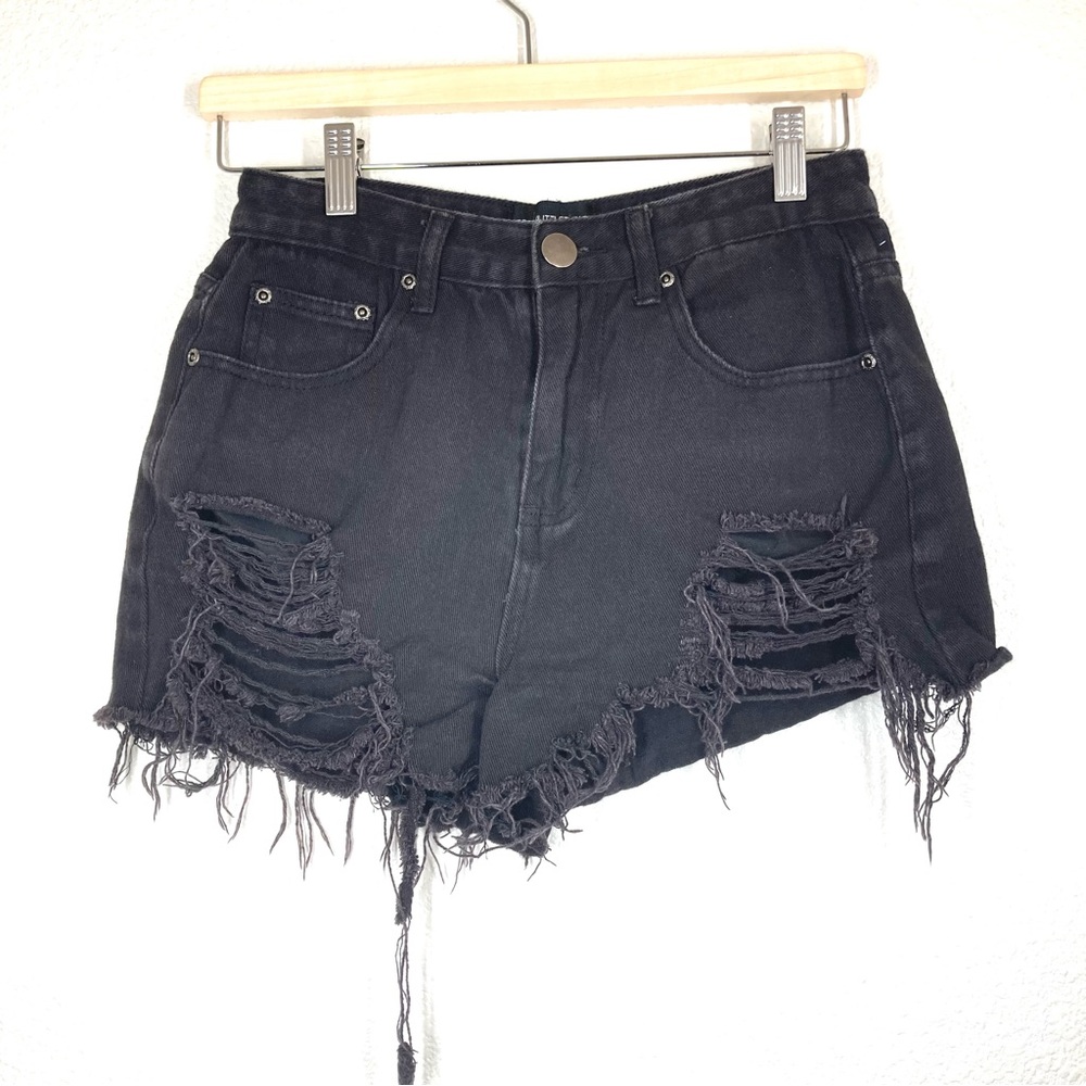 PrettyLittleThing Women's Shorts Washed Black Denim Ripped Shorts Size 8